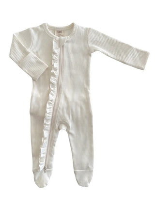 Ivory Organic Ribbed Frill Zip Footie