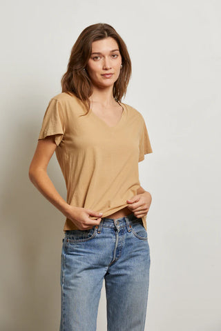 Hendrix Cotton Short Sleeve Boxy V Neck Tee - Suede | Perfect White Tee