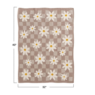Daisy Knit Cotton Baby Blanket / Checkered Pattern