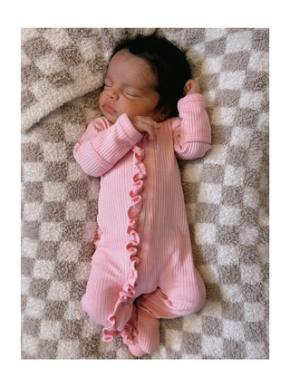 Pink Organic Ribbed Frill Zip Footie