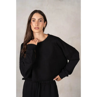 Raven Cotton Loop Terry Soft Cropped Long-sleeve Sweatshirt - Black