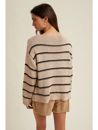 Cammie Striped Crochet Drop Shoulder Sweater / Stone & Black