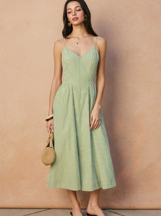 Laura Stripe Gathered Hip Midi Dress - Green/White