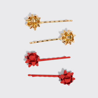 Metal Gift Bow Bobby Pins - 4pc Set Red & Gold // Kitsch