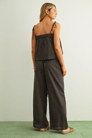Lainey Striped Print Straight Wide Leg Pants - Black