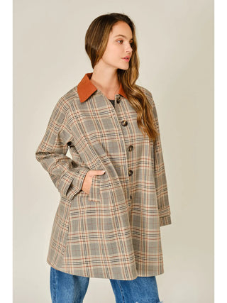Kenna Plaid Button Down Trench Coat - Rust Plaid