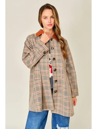 Kenna Plaid Button Down Trench Coat - Rust Plaid