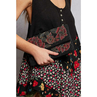 Floral Beaded Black Chain Mini Shoulder Bag