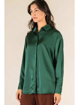 Jade Satin Placket Cover Button Up Shirt - Emerald