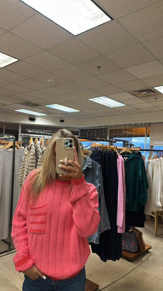 Summer Striped Pocket Sweater - Coral/Papaya