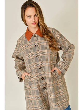 Kenna Plaid Button Down Trench Coat - Rust Plaid