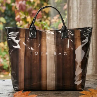 Brown Striped Vinyl Tote Bag