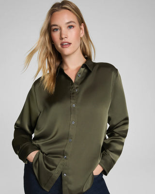 Spanx Silky Smooth Button Down Shirt / Dark Pine