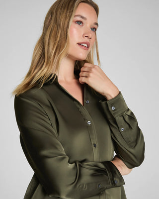 Spanx Silky Smooth Button Down Shirt / Dark Pine