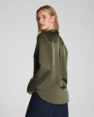 Spanx Silky Smooth Button Down Shirt / Dark Pine