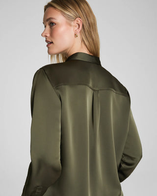 Spanx Silky Smooth Button Down Shirt / Dark Pine