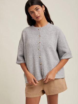 Annabelle Brushed Half Sleeve Button-Up Sweater / Heather Grey