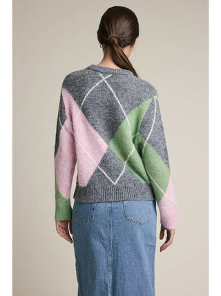 Amanda Argyle Pattern Knit Sweater - Grey/Pink/Olive
