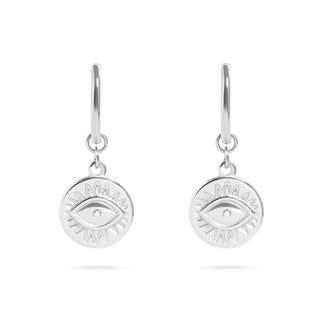 Evil Eye Huggie Charm Earrings - Silver
