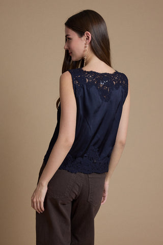 Juliette Lace Trim Satin Blouse - Navy