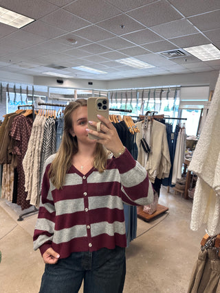 Alyssa V-Neck Button Down Cardigan - Burgundy/Grey