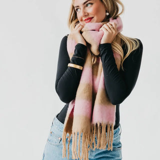 Stevie Striped Tassel Scarf / Tan & Pink