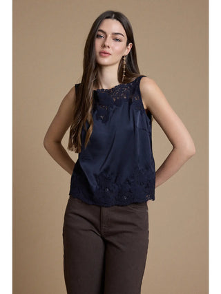 Juliette Lace Trim Satin Blouse - Navy