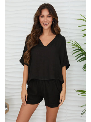 Hollis V-Neck Dolman Sleeve Top - Black