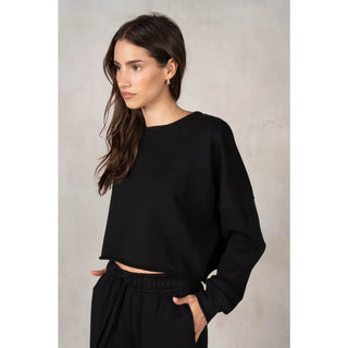 Raven Cotton Loop Terry Soft Cropped Long-sleeve Sweatshirt - Black