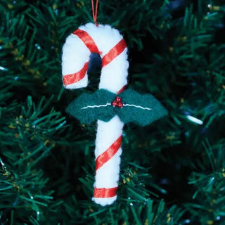 Wool Candy Cane Ornament w/ Mistletoe
