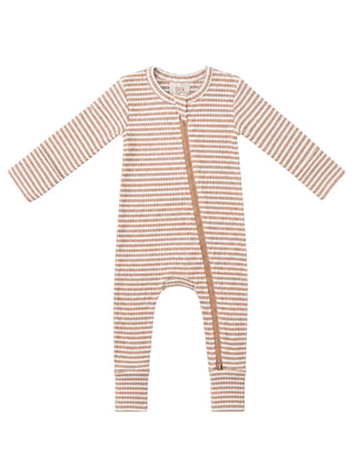 Tan Stripe Ribbed 2-Way Zip Romper