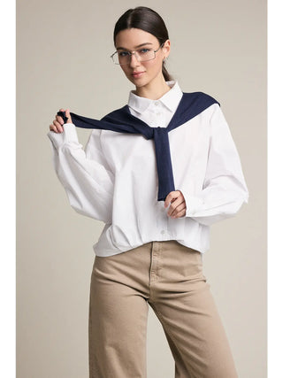 Shirlee Button Down w/ Knit Shawl Set - White & Navy