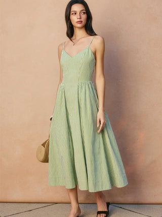 Laura Stripe Gathered Hip Midi Dress - Green/White