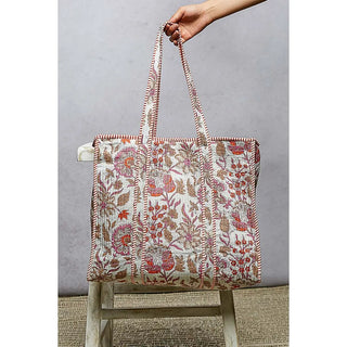 Quilted Striped Binding Roomy Fit Ivory Multi Tote Bag