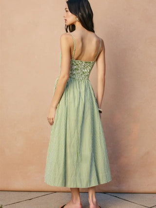 Laura Stripe Gathered Hip Midi Dress - Green/White