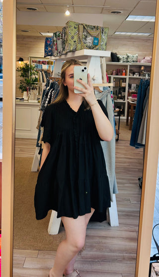 Clara Pintuck Mini Dress - Black