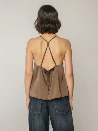 Sierra Satin Deep V-Neck Flare Tank - Mocha Moose