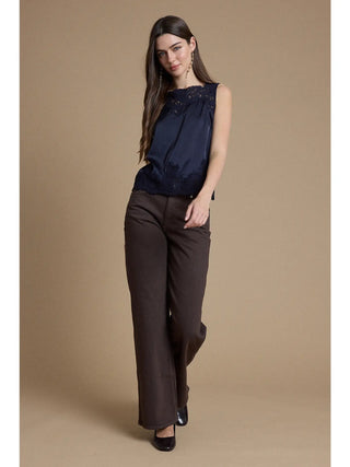 Juliette Lace Trim Satin Blouse - Navy