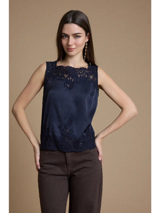 Juliette Lace Trim Satin Blouse - Navy
