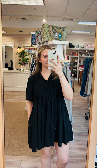 Clara Pintuck Mini Dress - Black