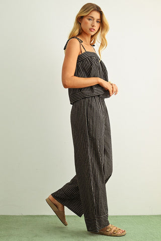 Lainey Striped Print Straight Wide Leg Pants - Black