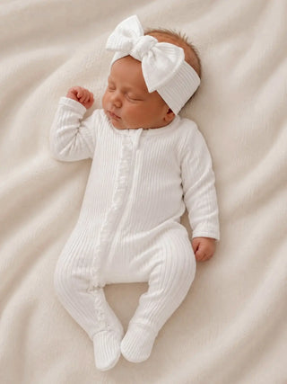 White Ribbed Frill 2-Way Zip Footie