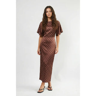 Carmen Boat Neck Polkadot Midi Dress - Chocolate/Taupe