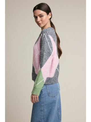 Amanda Argyle Pattern Knit Sweater - Grey/Pink/Olive