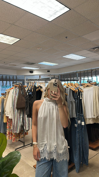 Caterina Lace Hem Sleeveless Halter Top - Beige