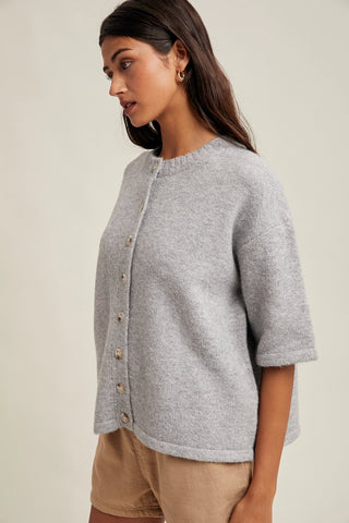 Annabelle Brushed Half Sleeve Button-Up Sweater / Heather Grey