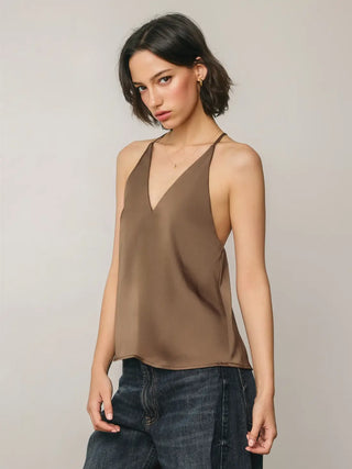 Sierra Satin Deep V-Neck Flare Tank - Mocha Moose
