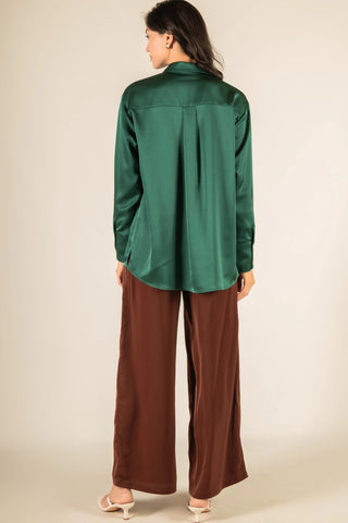 Jade Satin Placket Cover Button Up Shirt - Emerald
