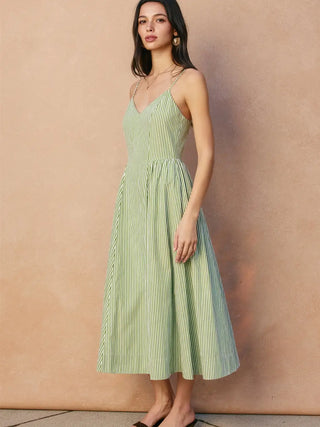 Laura Stripe Gathered Hip Midi Dress - Green/White