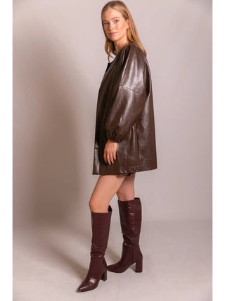 Faux Leather Billowy Sleeve Jacket - Chocolate